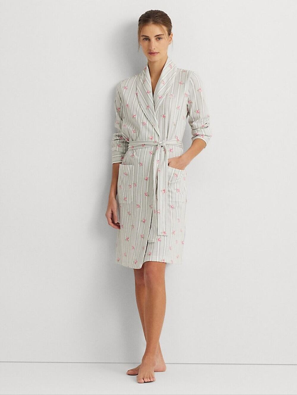 Ralph Lauren Black Tag Striped Floral Tie-Waist Robe Pink White S